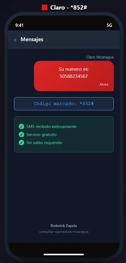 Respuesta del código USSD *852# en Claro Nicaragua mostrando el número de celular